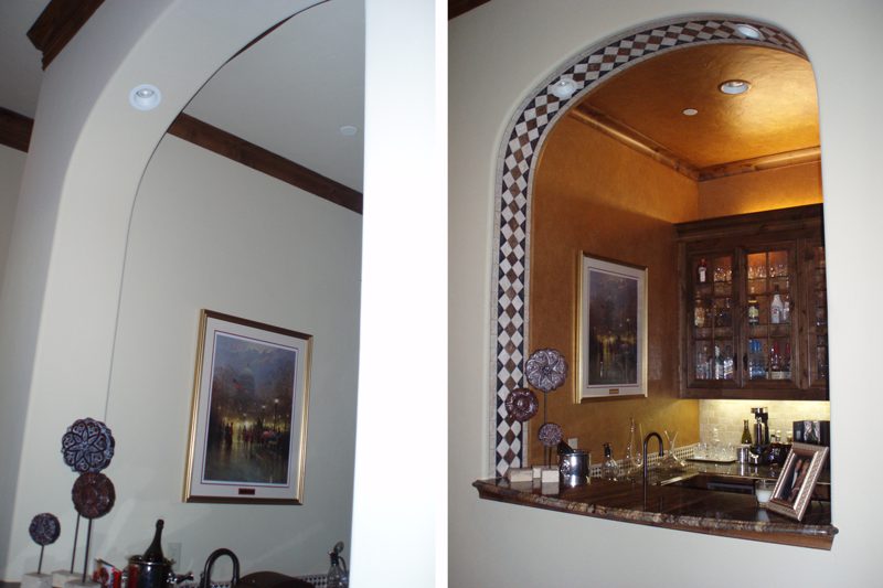 Home bar before and after, rebuilt with cabinetry, stone counter and lighting