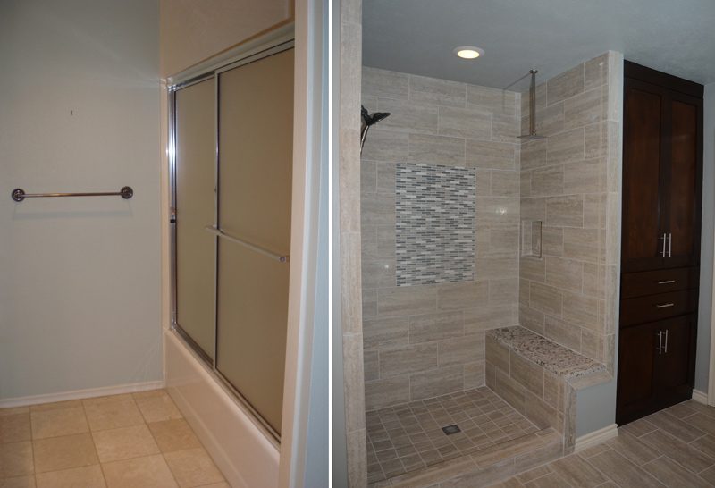 Bathroom before and after: tub and sliding doors replaced with a tiled walk-in shower