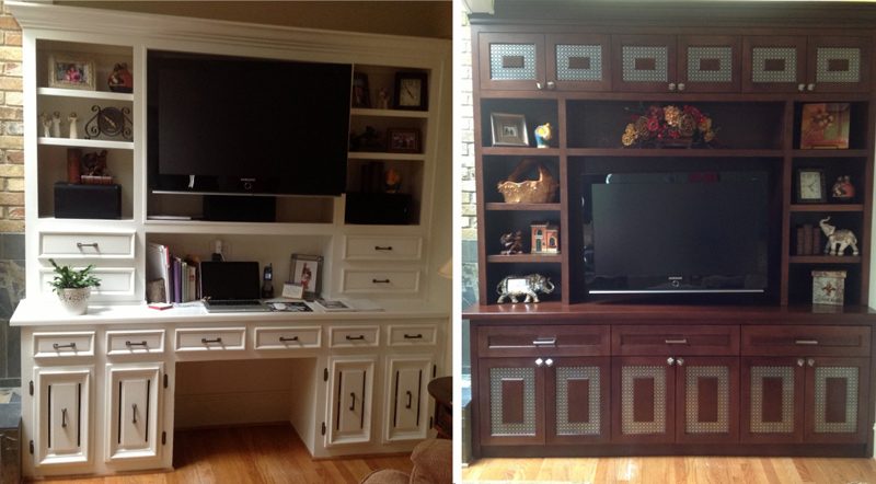 Built-in cabinetry before and after in an adjoining family space