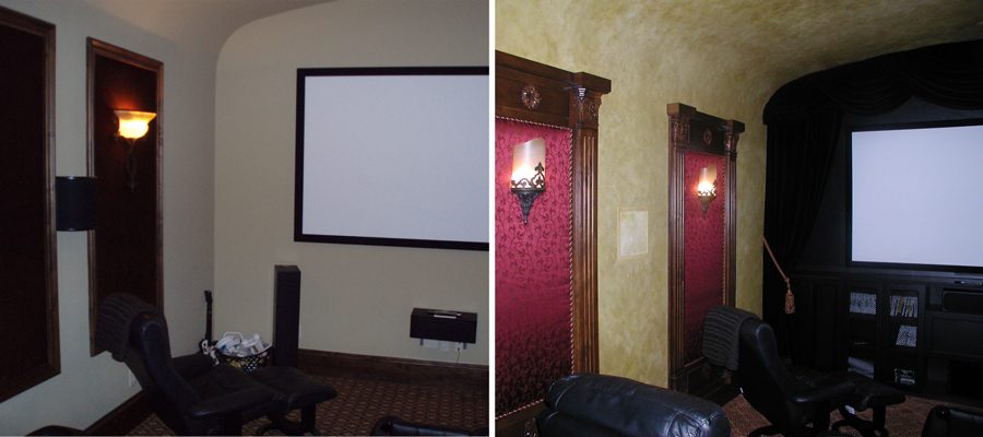 Media room before and after: reworked walls, finishes and seating