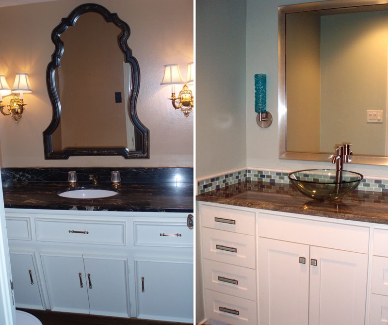 Powder room before and after: new vanity, counter, mirror and sconces