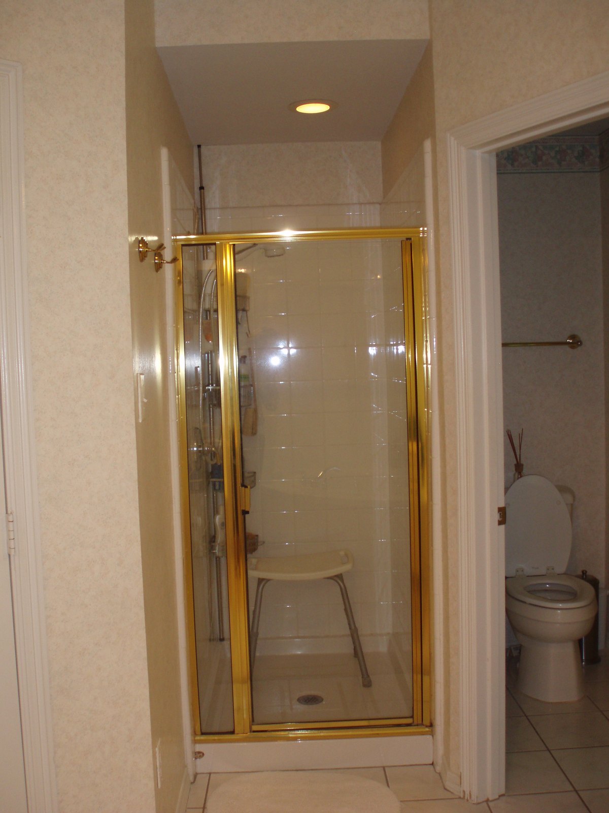 Narrow shower with a gold-framed glass door and dated tile
