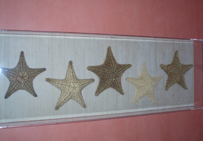 Coastal bathroom styling detail with starfish trim on linens