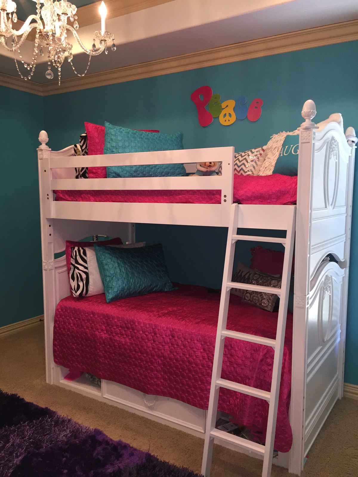 Children bedroom with bunk beds and bright bedding